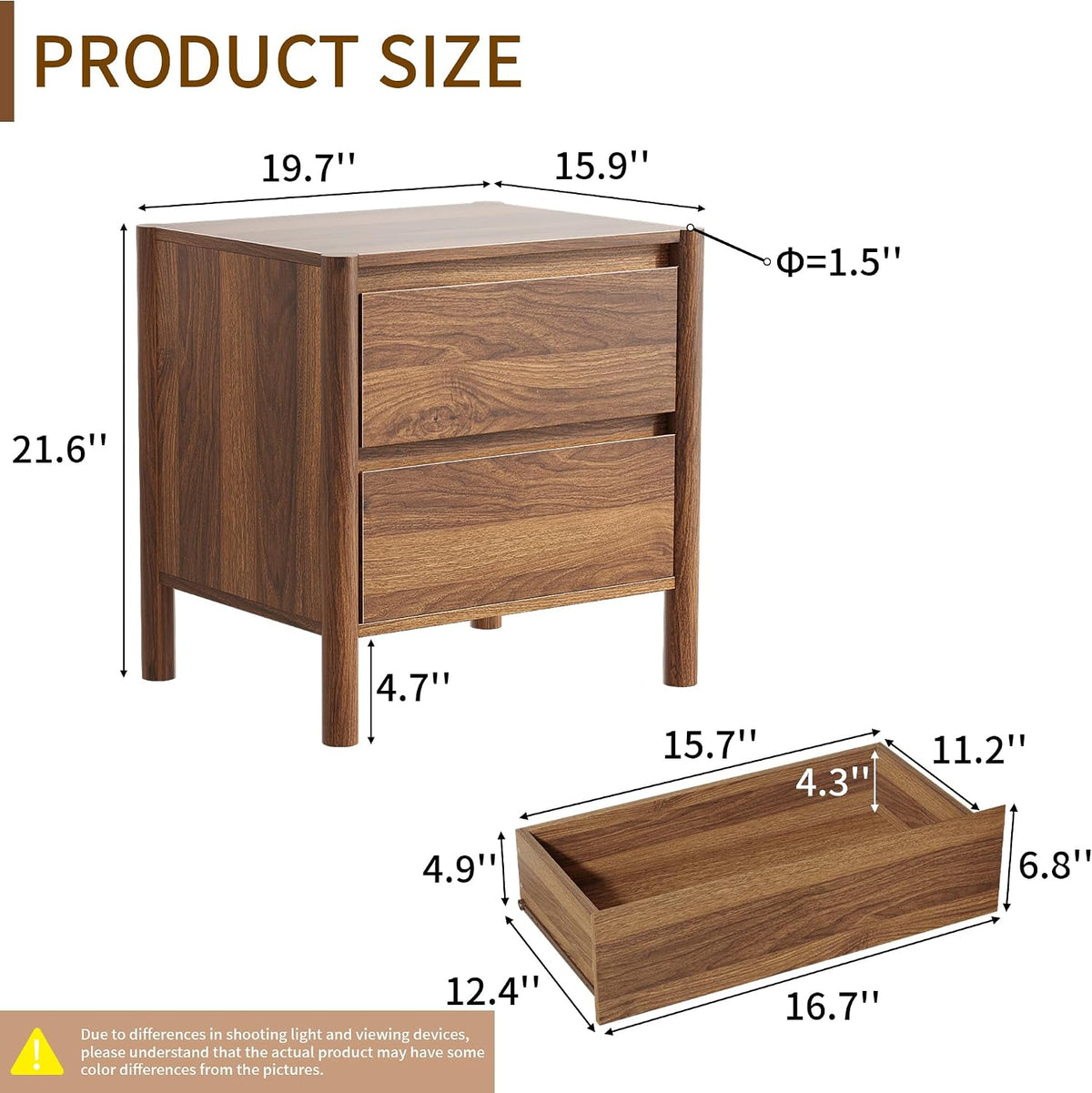 CHUWELL Mid Century Modern Walnut Nightstand Set of 2 for Bedroom
