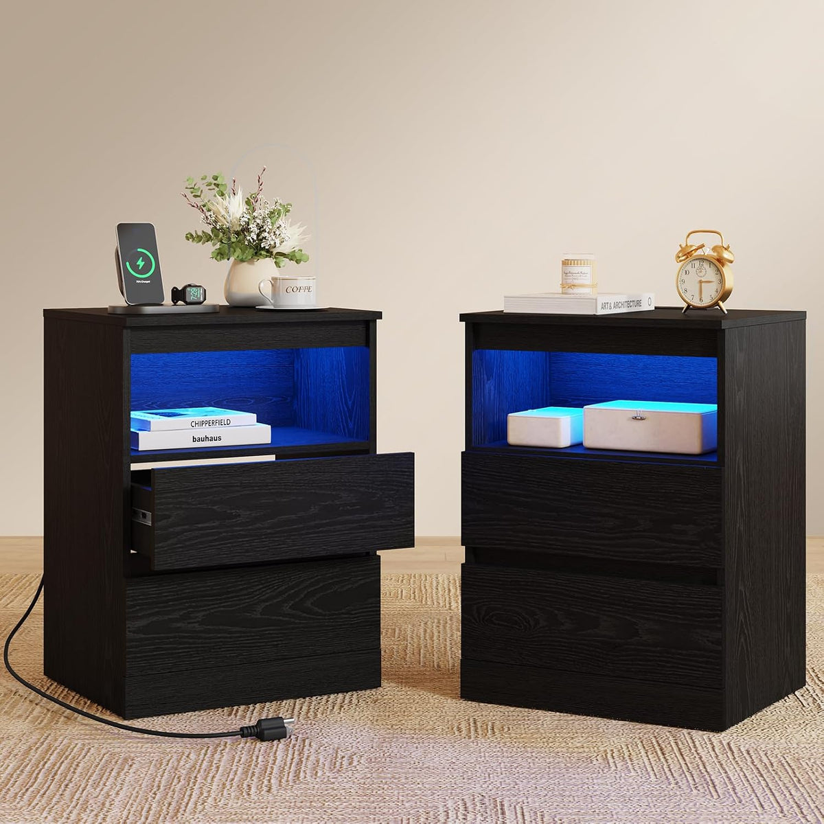 Nightstands Set of 2 with Charging Station, LED Lights and Drawer, Black
