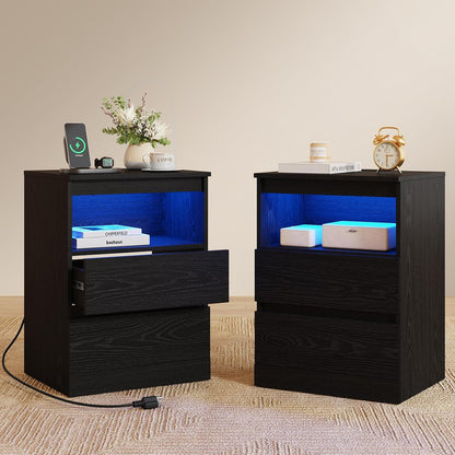 Nightstands Set of 2 with Charging Station, LED Lights and Drawer, Black