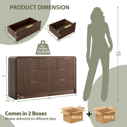 Decofy 55" W Fluted 7-Drawer Dresser for Bedroom, Walnut