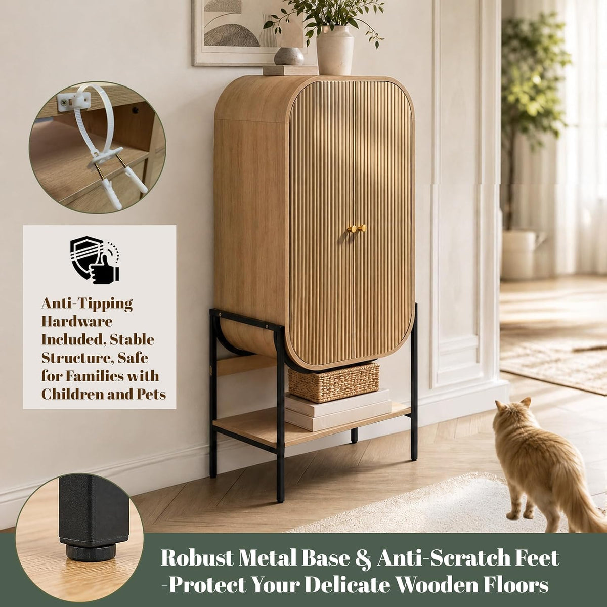 Arched Armoire Wardrobe Closet, Modern Wood Bedroom Clothing Storage Cabinet with Fluted Doors, 66" Tall Standing Closet with Hanging Rod, Natural