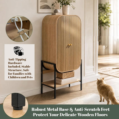 Arched Armoire Wardrobe Closet, Modern Wood Bedroom Clothing Storage Cabinet with Fluted Doors, 66" Tall Standing Closet with Hanging Rod, Natural