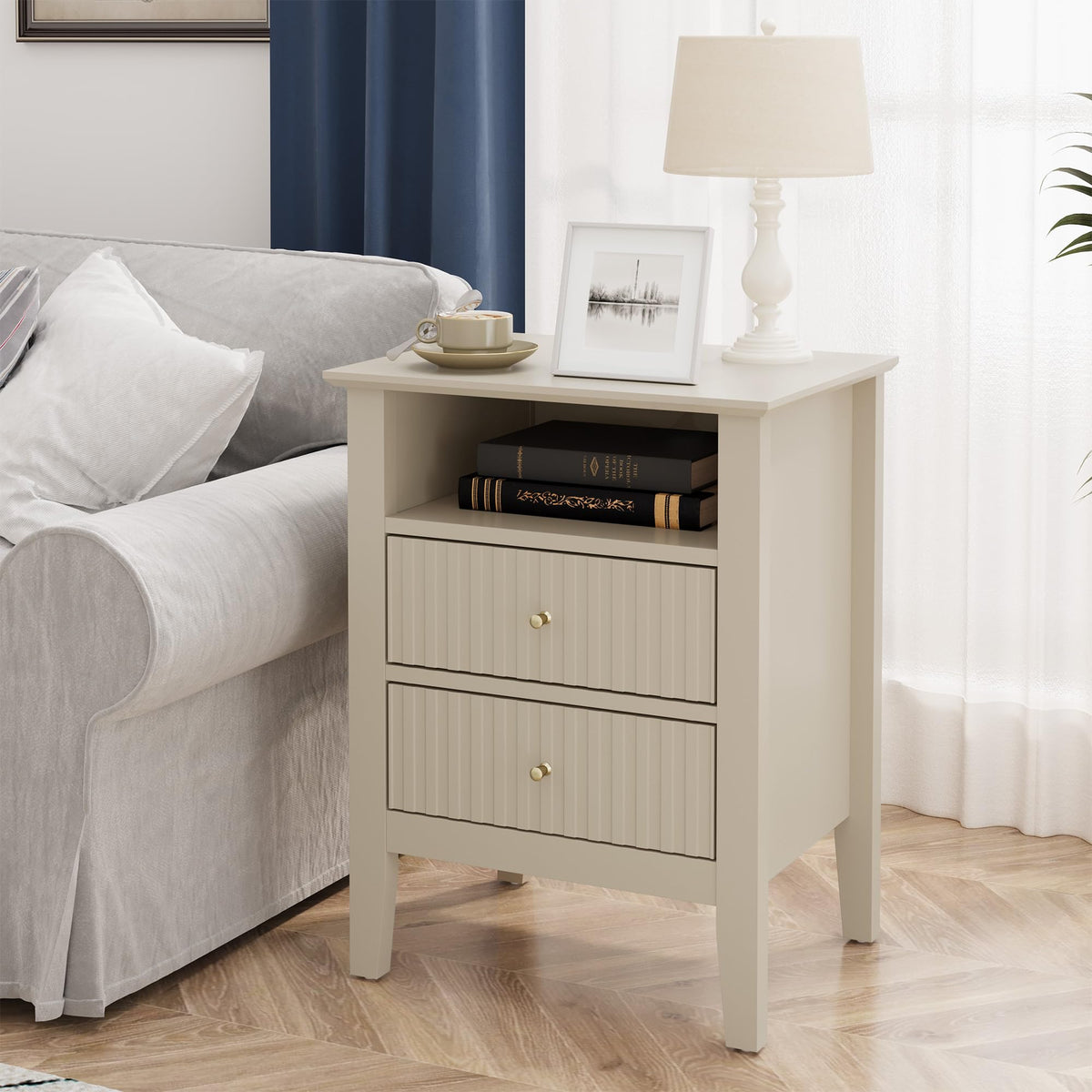 RoyalCraft 32" Large Nightstand Set of 2, Fluted Painted Bedside Table with 3 Spacious Drawers, Modern Tall End Table for Bedroom, Beige
