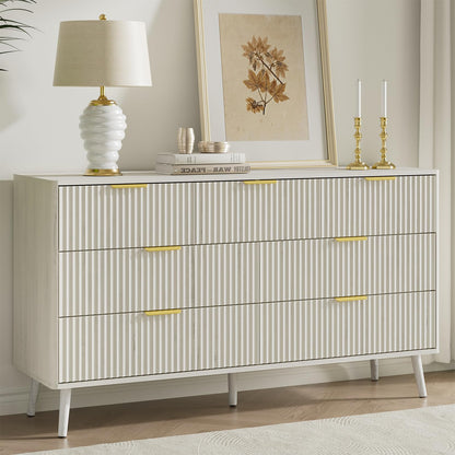 LYNSOM 55" Wide Fluted Dresser for Bedroom with 6 Drawer, Modern Chest of Drawers with Curved Profile Design and Metal Handles, Wood Dresser TV Stand & Storage Organizer for Living Room, Walnut