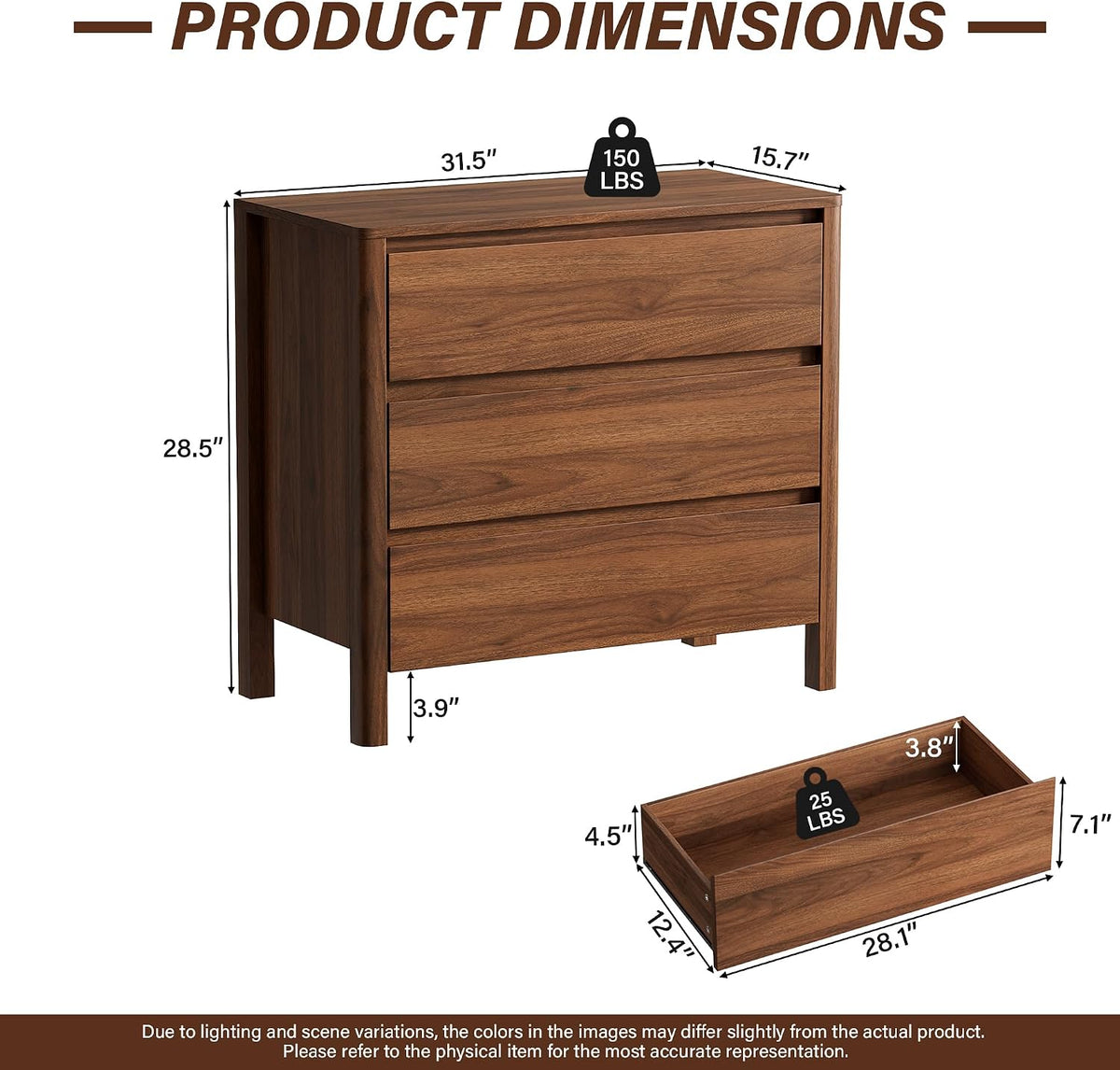 Furniway 31.5" Wide 3 Drawer Wood Dresser for Bedroom with Legs, Walnut