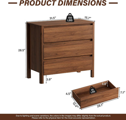 Furniway 31.5" Wide 3 Drawer Wood Dresser for Bedroom with Legs, Walnut