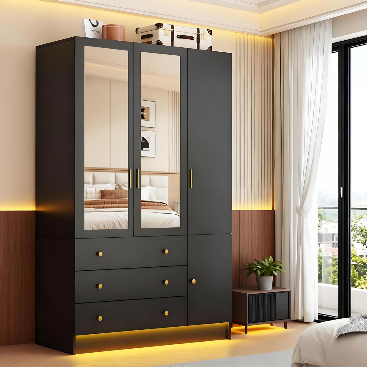 4 Doors LED Wardrobe Closet, 75" Tall Modern Armoire with Mirror & 3 Drawers, Wooden Armoire Wardrobe Closet for Bedroom, Hanging Rod, Freestanding Clothing Storage Cabinet, White