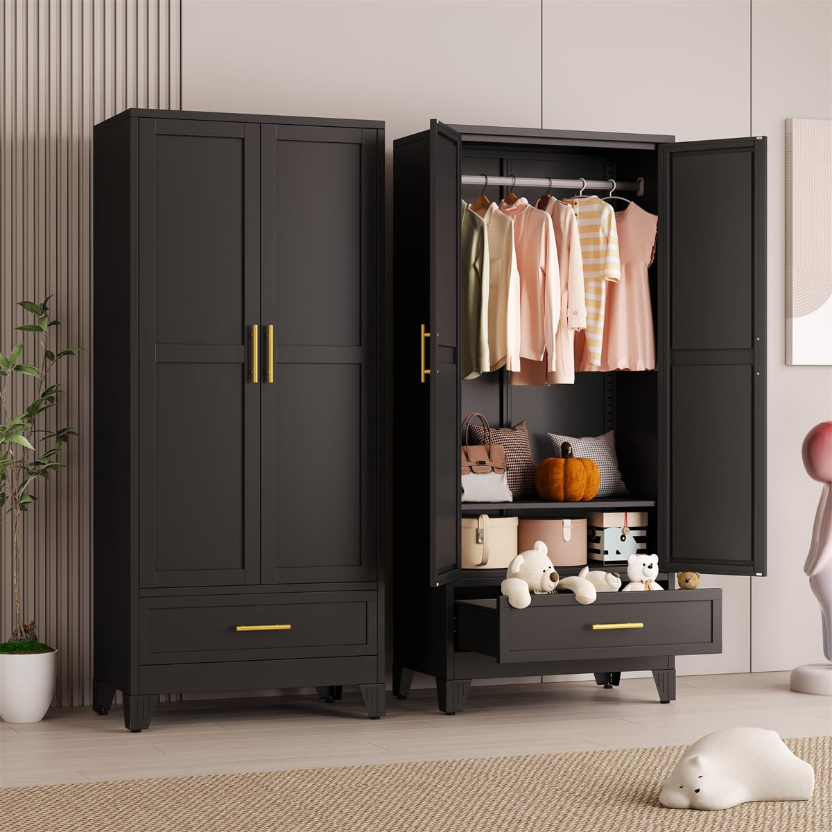 Metal Armoire Wardrobe Closet Storage Cabinet with Mirror White, 71'' Wardrobe Cabinet with Hanging Rod Metal Closet with Adjustable Shelf and Drawer for Bedroom, Laundry Room, Cloak Room