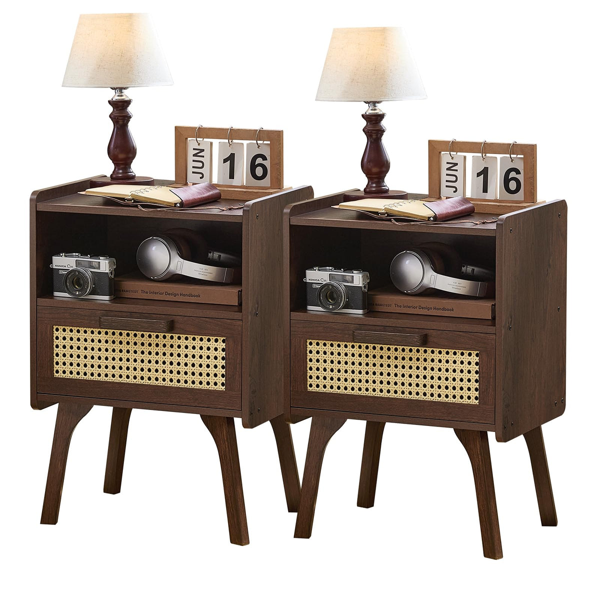 Lerliuo Rattan Nightstand, Boho Side Table with Drawer Open Shelf