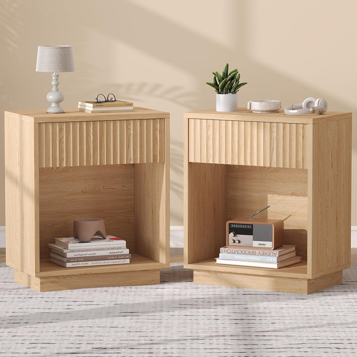 Fluted Nightstands Set of 2, Mid Century Bedside End Side Table