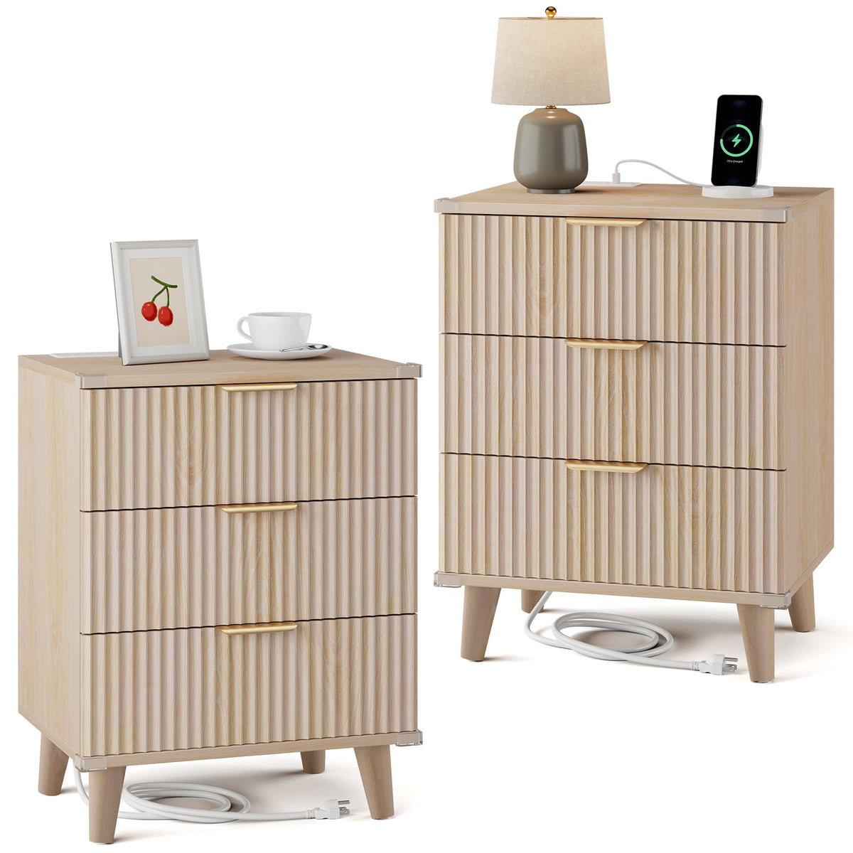 Night Stand Set 2, Fluted Wood Nightstands w/Charging Station for Bedroom