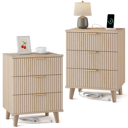 Night Stand Set 2, Fluted Wood Nightstands w/Charging Station for Bedroom