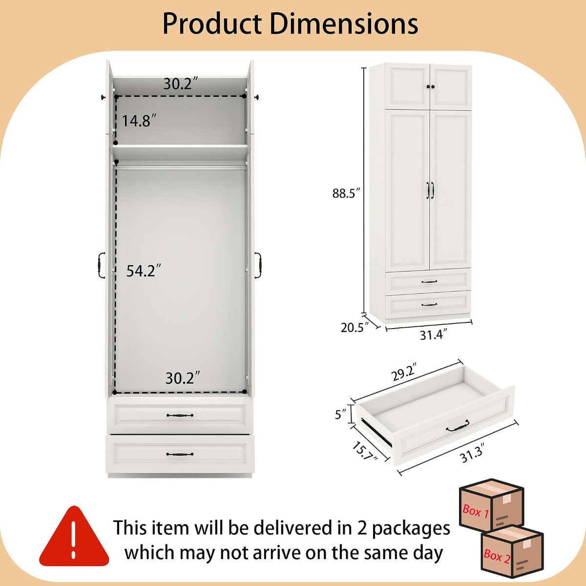 Armoire Wardrobe Closet with Drawers: 31.5" Large Wood Wardrobe Closet with 2 Doors and 2 Drawers, Modern Clothes Storage Cabinet for Bedroom Armoire with Shelves (White, 31.5")