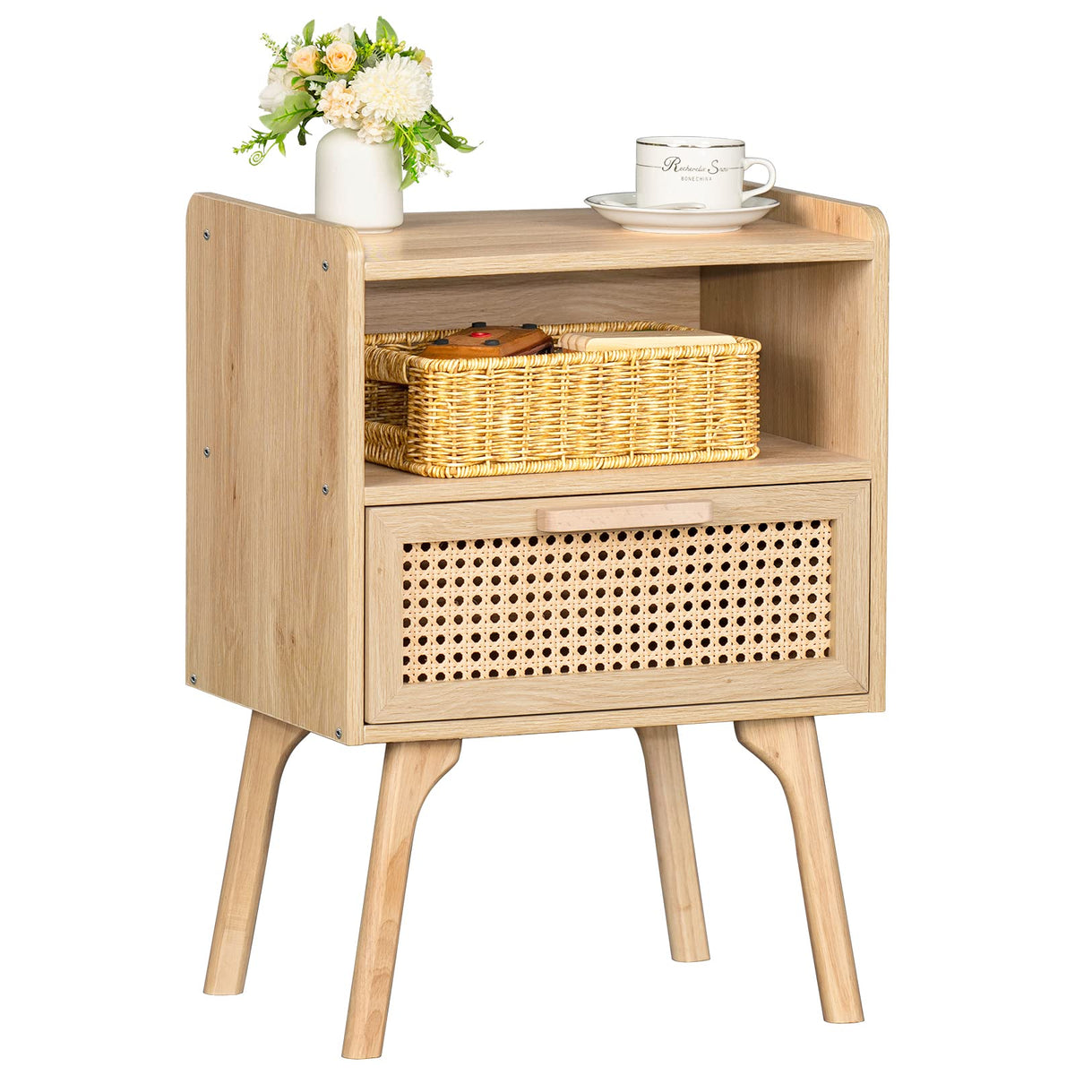 Lerliuo Rattan Nightstand, Boho Side Table with Drawer Open Shelf