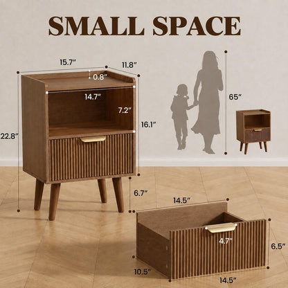 Apicizon Small Nightstand, Fluted Walnut Bedside Table with Drawer & Shelf