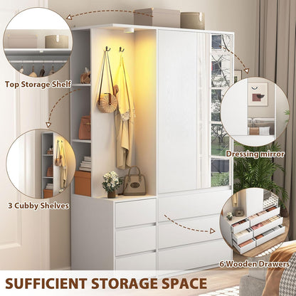 White Wardrobe Closet with Mirror and LED Light, Armoire Wardrobe with 6 Drawers, Hanging Rod, Open Shelves, Freestanding Bedroom Storage Cabinet