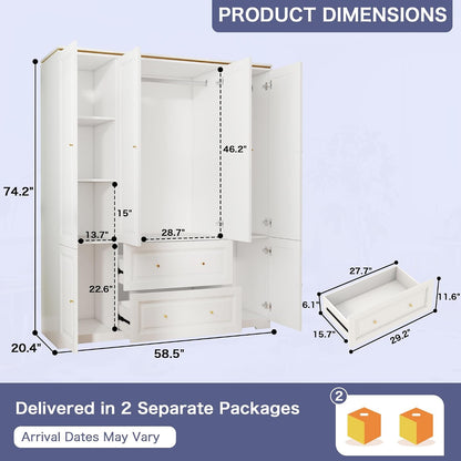 White Wardrobe Closet with 2 Drawers and 4 Doors, 74" H x 59" W