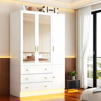 4 Doors LED Wardrobe Closet, 75" Tall Modern Armoire with Mirror & 3 Drawers, Wooden Armoire Wardrobe Closet for Bedroom, Hanging Rod, Freestanding Clothing Storage Cabinet, White