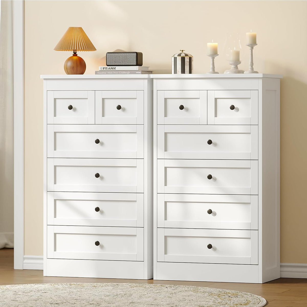 wanan Tall 6 Drawer Dresser for Bedroom, White Modern 43.3'' Tall Wood Chest of Drawers, Storage Organizer with Smooth Metal Rails & Anti-Tip Kit for Closet, Hallway, Living Room