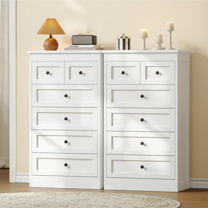 wanan Tall 6 Drawer Dresser for Bedroom, White Modern 43.3'' Tall Wood Chest of Drawers, Storage Organizer with Smooth Metal Rails & Anti-Tip Kit for Closet, Hallway, Living Room