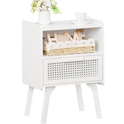 Lerliuo Rattan Nightstand, Boho Side Table with Drawer Open Shelf