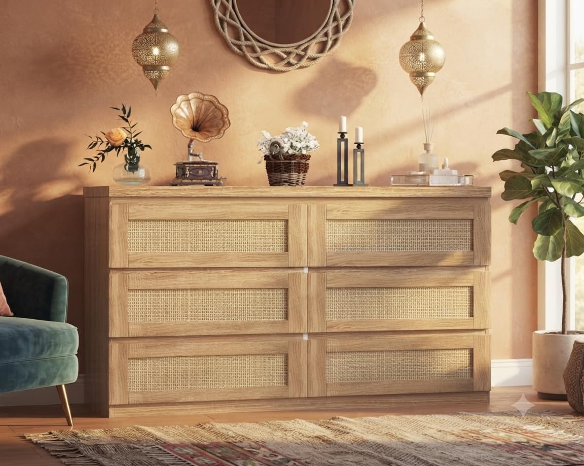 Garvee Rattan 6-Drawer Dresser for Bedroom - Slim Wooden Chest of Drawers, Durable Freestanding Storage Organizer Cabinet for Living Room and Entryway, Oak