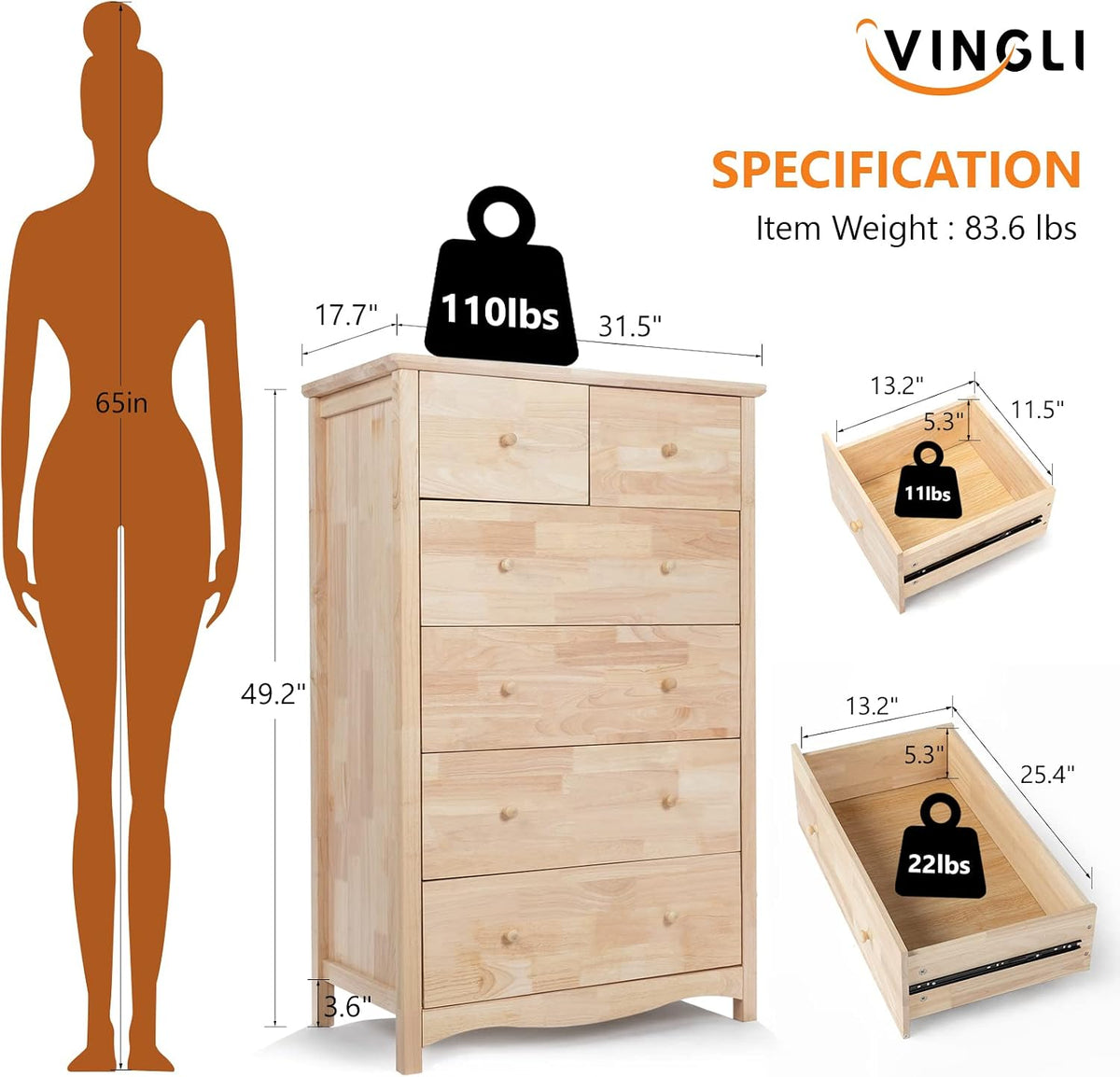 VINGLI Unfinished 6 Drawer Dresser, Natural Solid Wood Dresser Color DIY, Upgraged Rustic Farmhouse Tall Dresser with Spacious Storage Chests of Drawers with Full Extension Drawer Slides