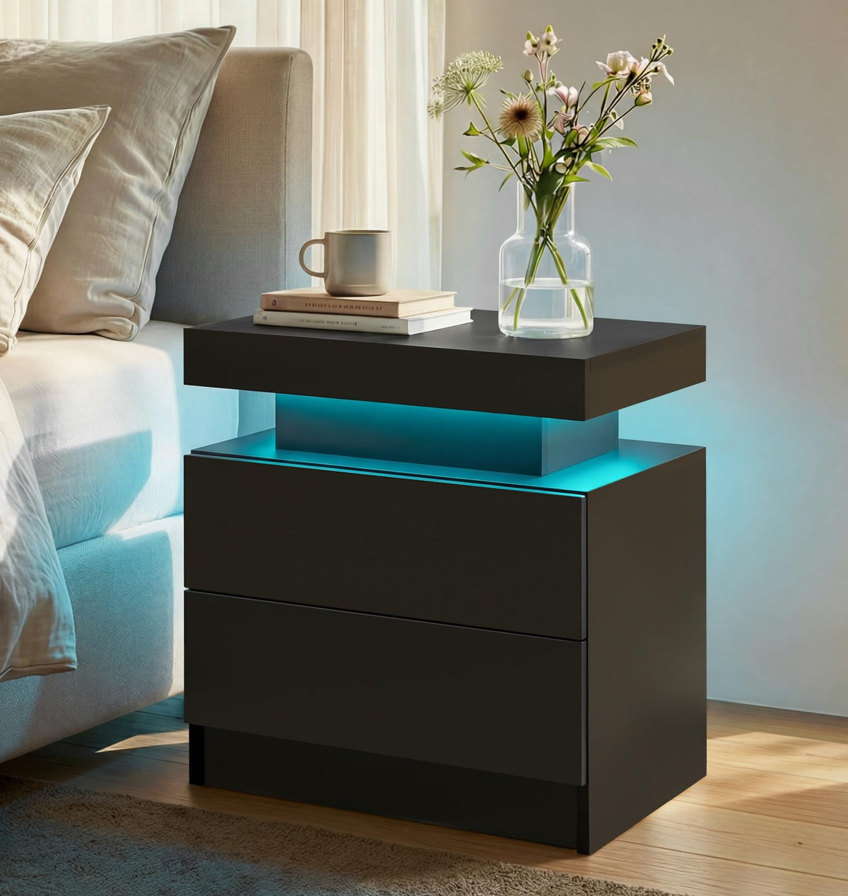 i-aplus Black Modern LED Nightstand Set of 2 with 2 Wood Drawer for Bedroom