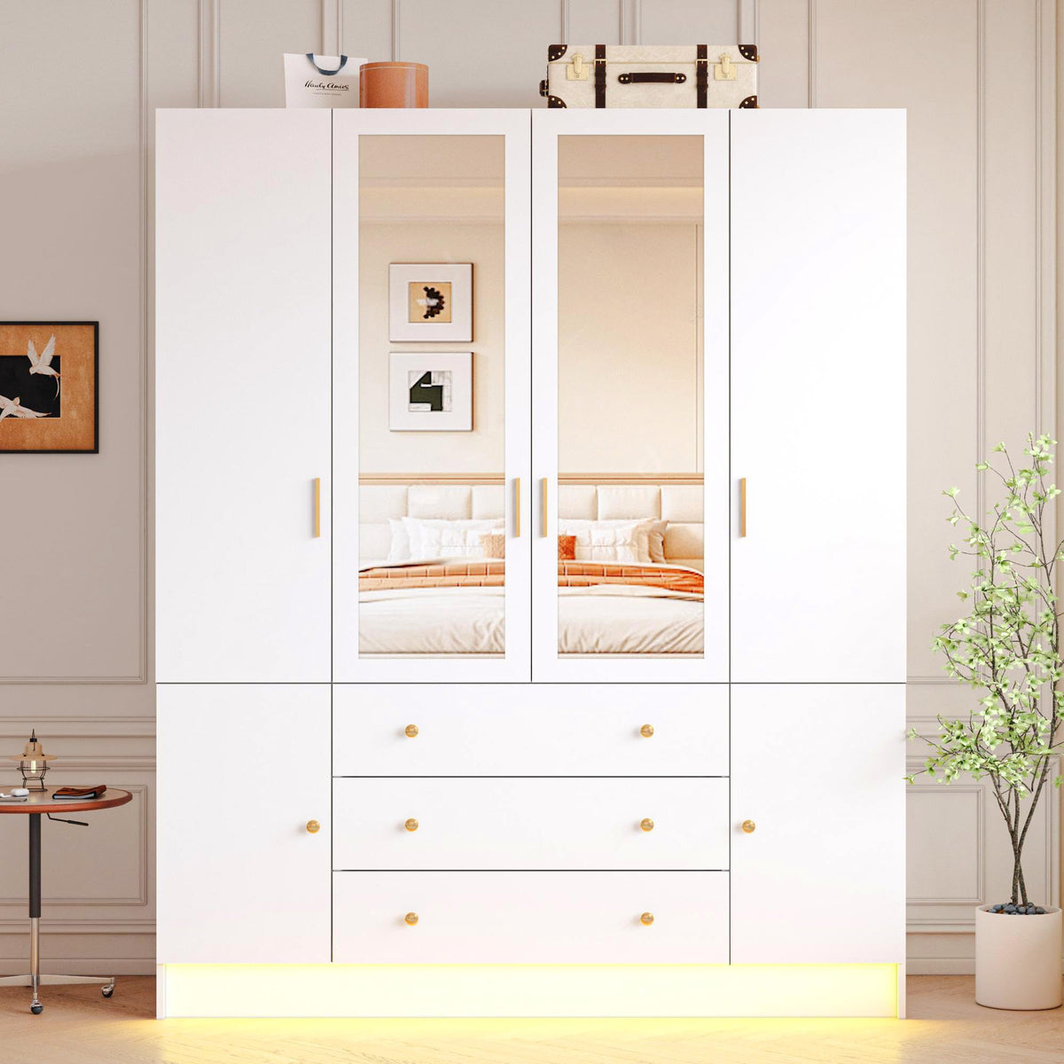 4 Doors LED Armoire Wardrobe Closet with Mirror, 75" Tall Modern Wooden Wardrobe Closet with 3 Drawers, Freestanding Clothing Storage Cabinet with Hanging Rod, Adjustable Shelves, Black
