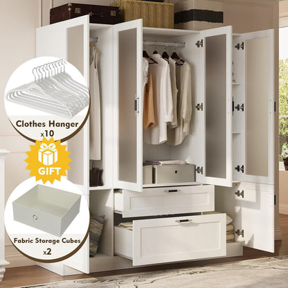 MEISSALIVVE 6 Door Armoire Wardrobe Closet with Frosted Glass Door, 70.9''H Clothing Storage Cabinet with Hanging Rod & 2 Drawers, Adjustable Shelves, Clothes Wardrobe Armoire for Bedroom, Wood Grain