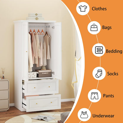 White Armoire Wardrobe Closet with 2 Drawers, 74" Tall x 32" Wide