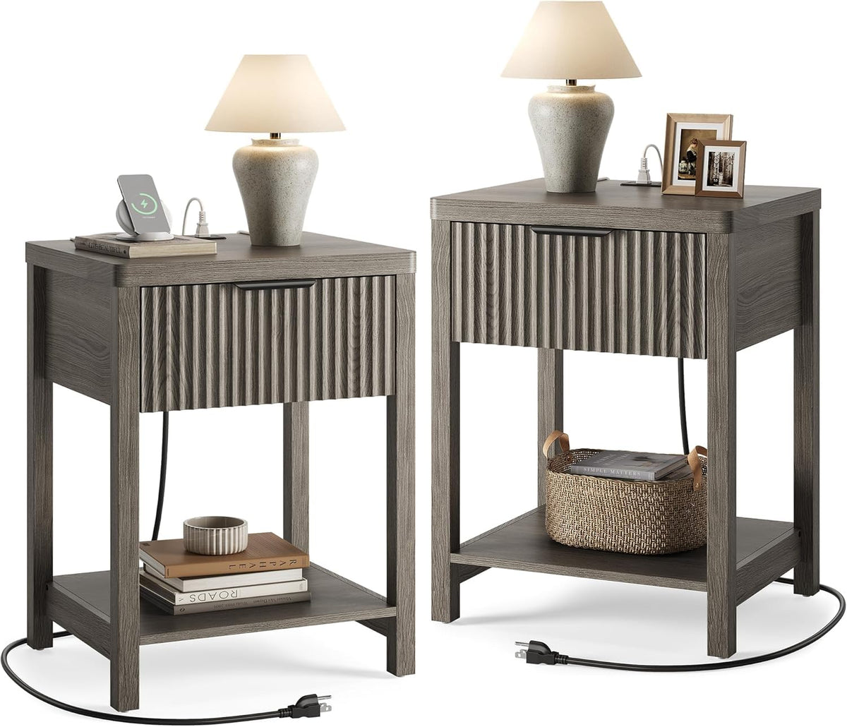 Night Stand Set 2, Fluted Wood Nightstands w/Charging Station for Bedroom