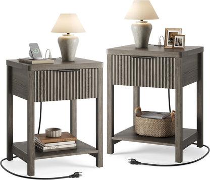 Night Stand Set 2, Fluted Wood Nightstands w/Charging Station for Bedroom