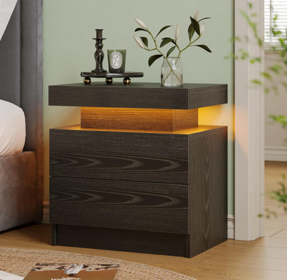 Modern White LED Nightstand for Bedroom Bedside Table with 2 Wood Drawers