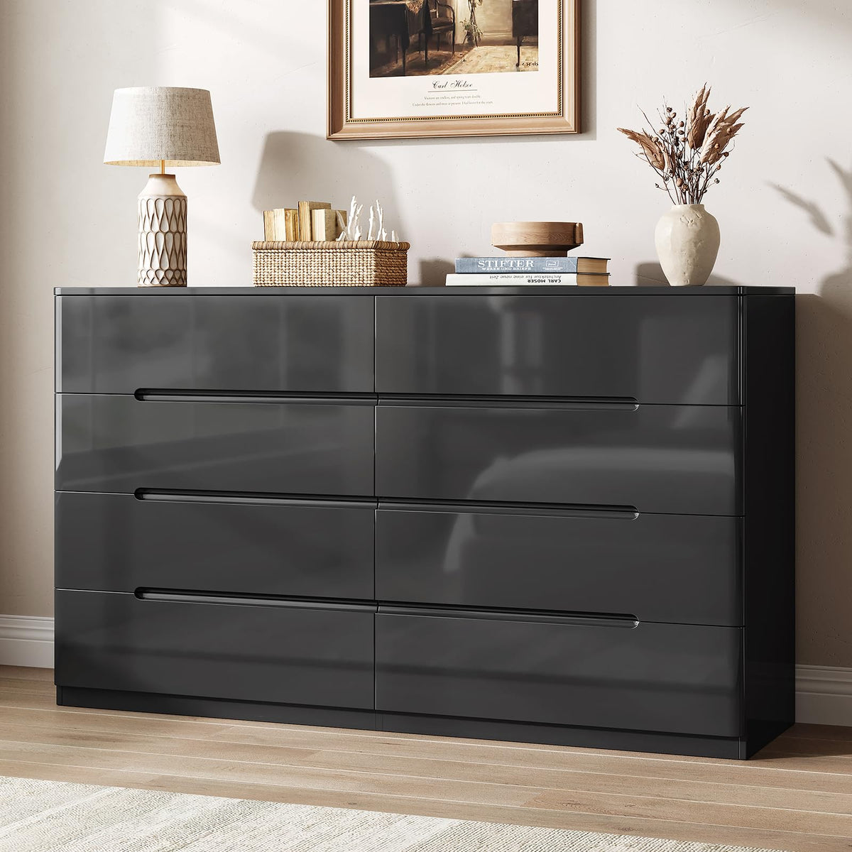 10 Drawer Dresser for Bedroom, 55" Long High Gloss Dresser, White