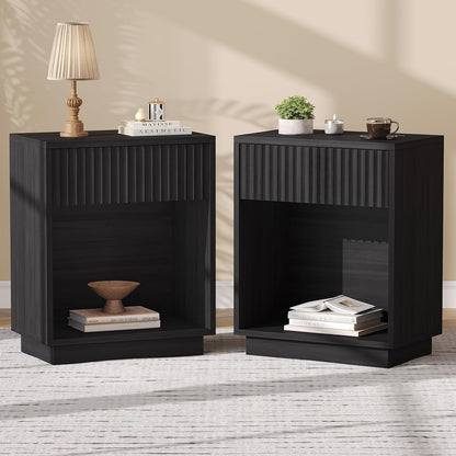 Fluted Nightstands Set of 2, Mid Century Bedside End Side Table