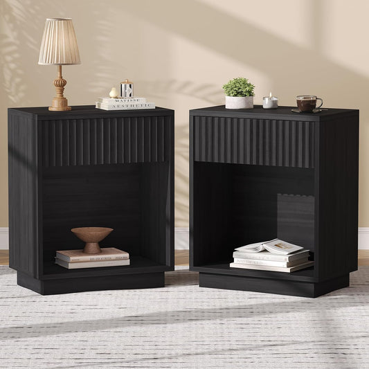 Fluted Nightstands Set of 2, Mid Century Bedside End Side Table