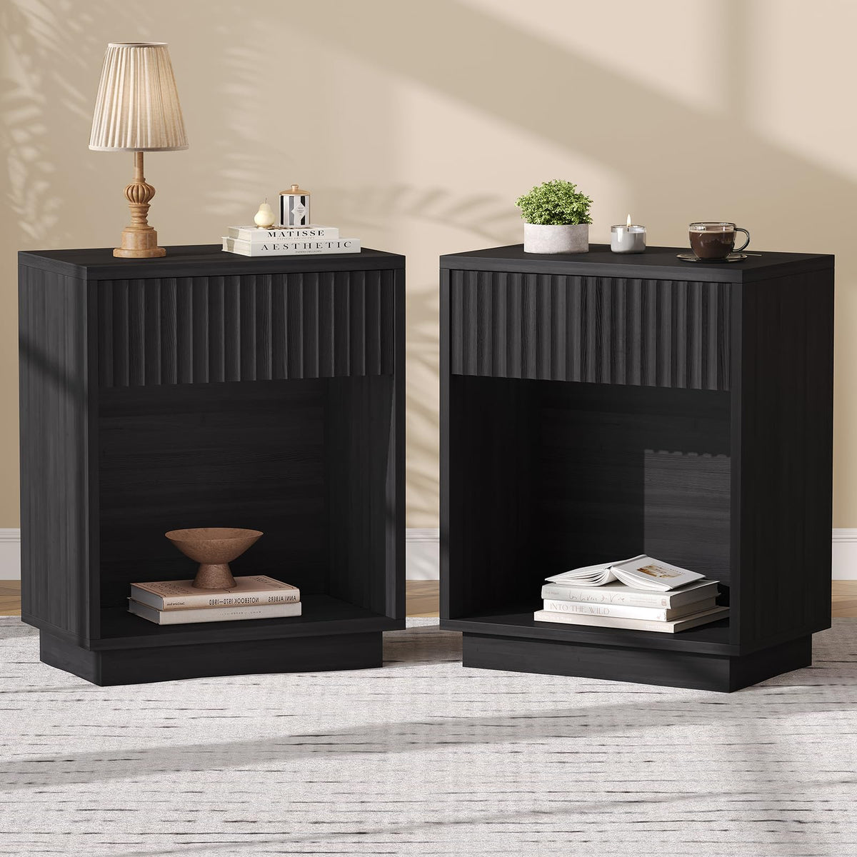 Fluted Nightstands Set of 2, Mid Century Bedside End Side Table