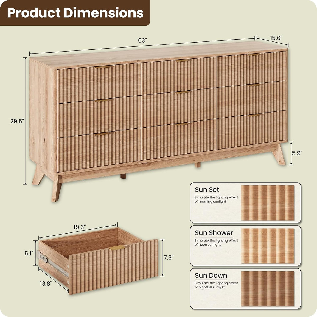 63" Wide Fluted 9 Drawers Dresser for Bedroom,Curved Edge,Oak