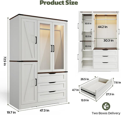 Concho 73'' Wood Farmhouse 4 Doors Armoire Wardrobe Closet with LED Light
