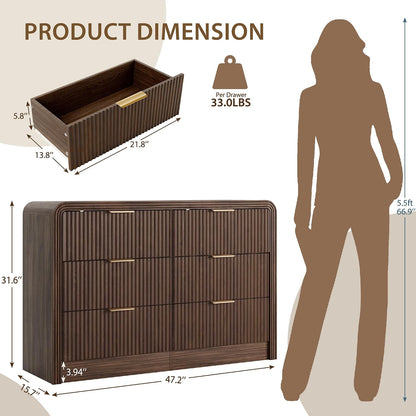 Decofy 47" W Fluted 6-Drawer Dresser for Bedroom, Walnut