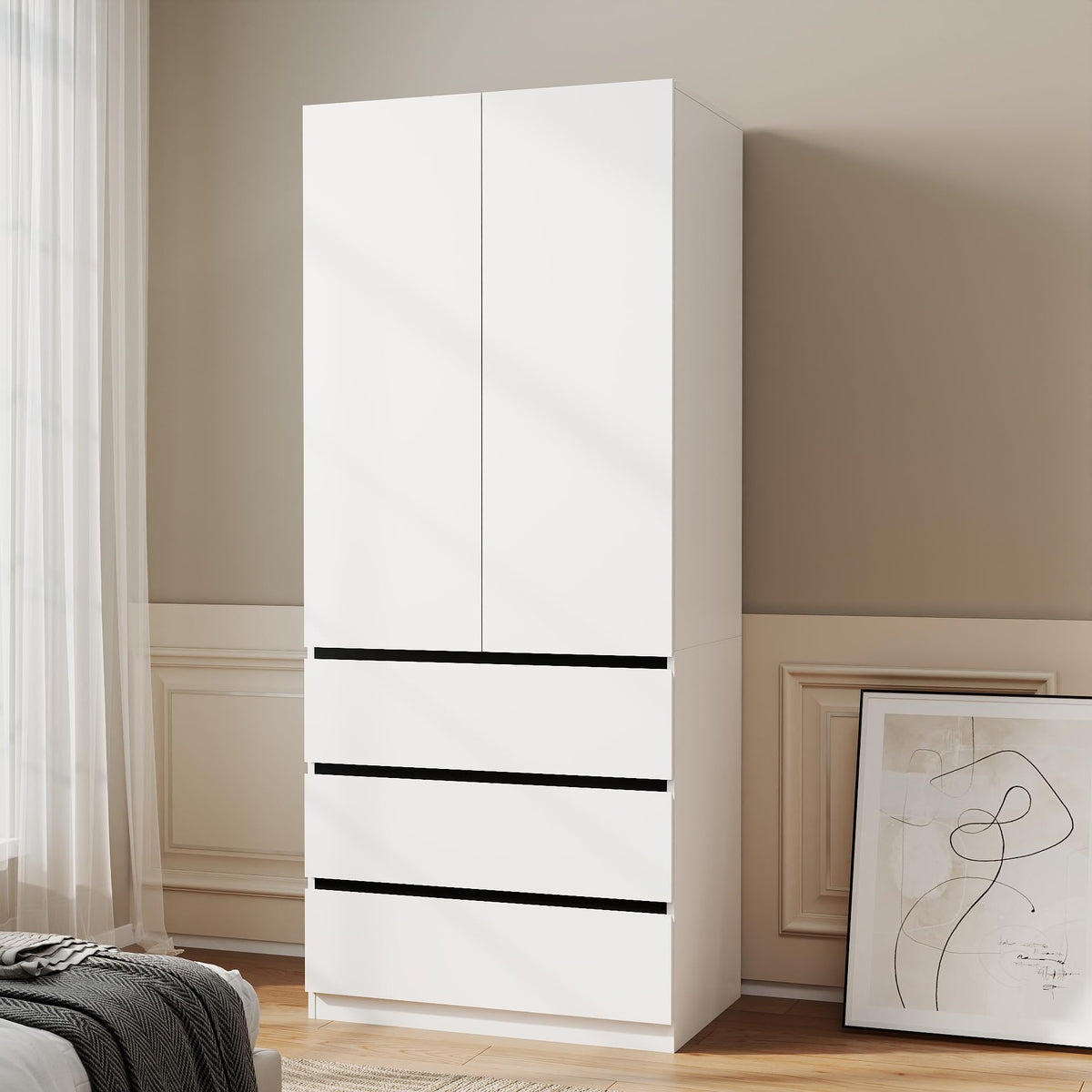White Armoire Wardrobe Closet with 4 Doors, 75" Tall x 63" Wide