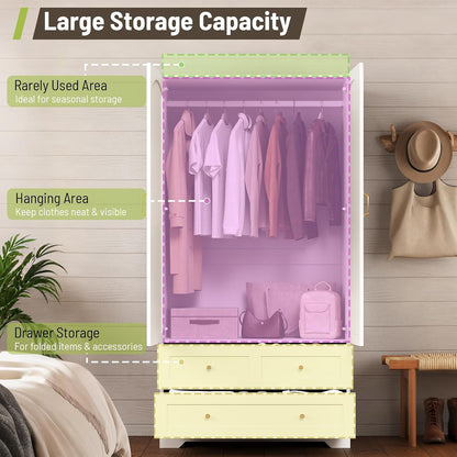 Armoire Wardrobe Closet with 2 Drawers & Mirror, White