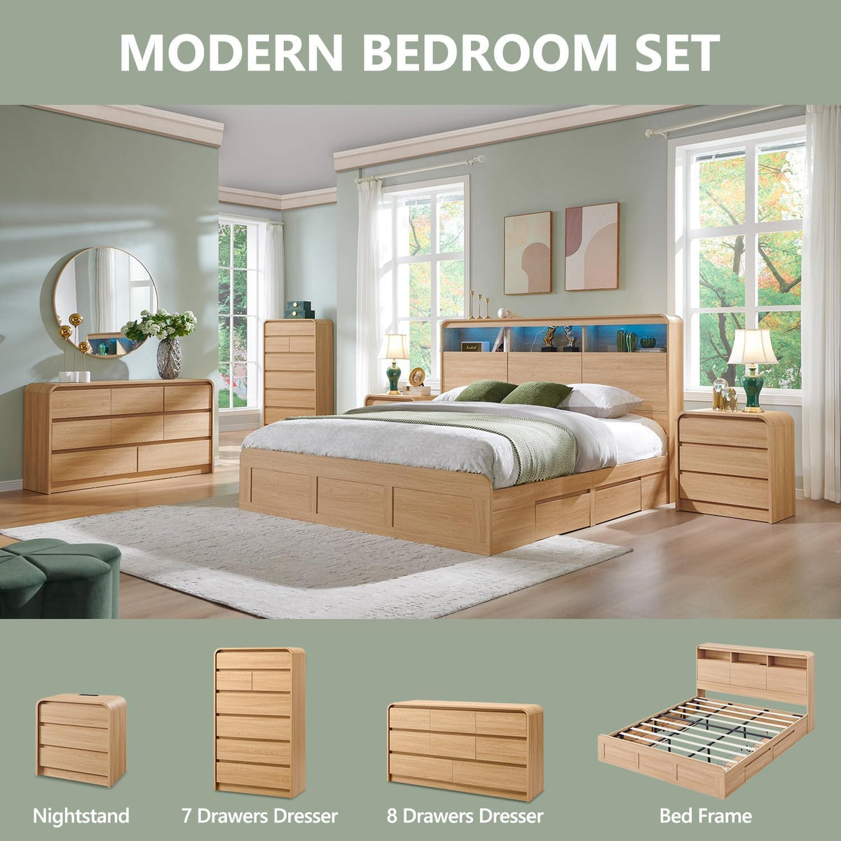 Aitjunz Modern 7 Drawers Dresser for Bedroom, 55" Tall Dresser, Natural Oak