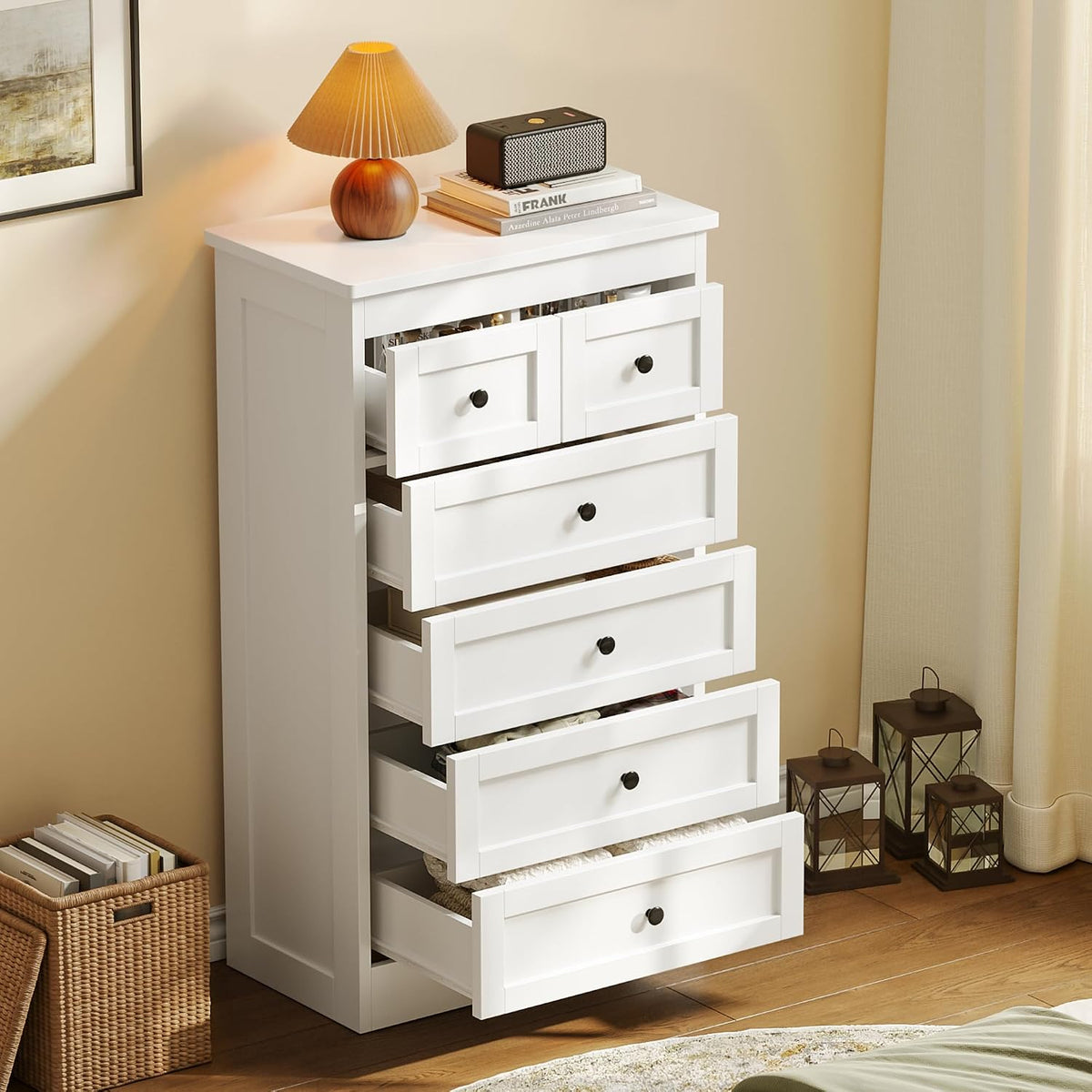 wanan Tall 6 Drawer Dresser for Bedroom, White Modern 43.3'' Tall Wood Chest of Drawers, Storage Organizer with Smooth Metal Rails & Anti-Tip Kit for Closet, Hallway, Living Room
