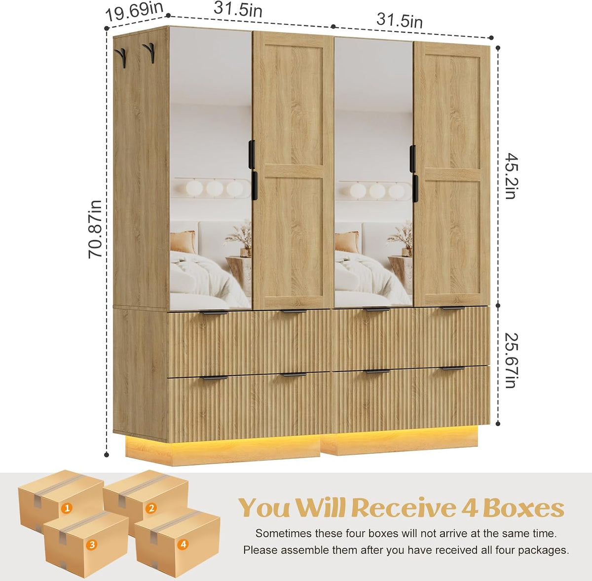 PAKASEPT Armoire Wardrobe Closet with 4 Doors, Pegboard and 2 Mirrors