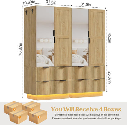 PAKASEPT Armoire Wardrobe Closet with 4 Doors, Pegboard and 2 Mirrors