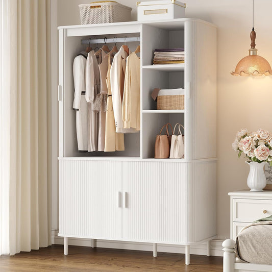 Armoire Wardrobe Closet with Sliding Doors, 71" Bedroom Armoires, White