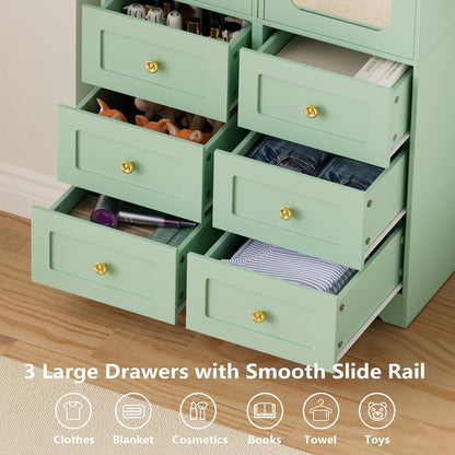Armoire Wardrobe Closet, Green Bedroom Armoires Cabinet with Mirror Door and 6 Drawers, 69.5" H Wood Clothing Storage Cabinet with Hanging Rod & Sensor Light for Bedroom-(Left+Right)