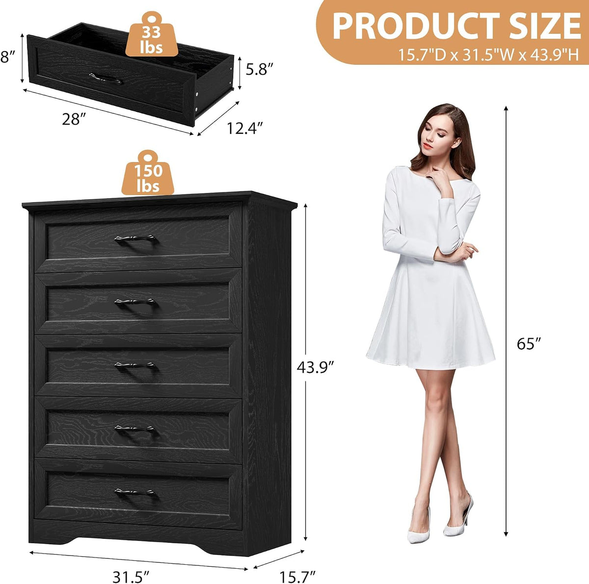 Garvee Farmhouse Wood 43.9" Tall 5 Drawer Dresser for Bedroom, Black